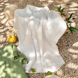 Fongt Linen-Based Lilies Design Feel Small Gentle And Comfortable Temperament Asymmetric Collar Short-Sleeved Shirt Woman