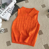 Fongt Chic Summer French Niche Polo Collar Sleeveless Knitted Top Girl Slime With Solid Color Vest