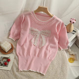 Style Beading Bowknot T Shirts Women's O Neck Short Sleeve Knitted Sweet Tee Tshirt Summer Slim Thin Top-Outfit