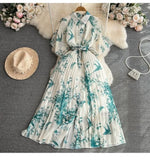Fongt Style Retro Temperament Short-Sleeved Clapping Single-Dran A-Word Print 100-Fold Shirt Dress Summer