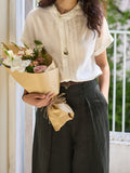 Fongt Linen-Based Lilies Design Feel Small Gentle And Comfortable Temperament Asymmetric Collar Short-Sleeved Shirt Woman