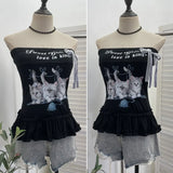 Fongt Kitten Print Bow Sweetheart Hottie With Chest Pads With Chest Bra Vest Wooden Ear Top 1270