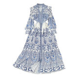 Fongt And Autumn Retro Court Style Lotus Leaf Side V-Neck Single Buckle Lantern Sleeves To Close The Waist A Word Print Dress Woman