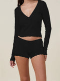Women Pajama Sets 2pcs Loungewear Suits Solid Long Sleeve V-Neck T-shirts Crop Tops and Lace Shorts Sleepwear Outfits-Outfit