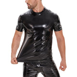 Fongt Men's Mirror Leather Vest Bright Leather Short Sleeve Round Collar Vest No Odor Size Accurate-Outfit