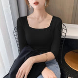 Sleeve Square Collar Slim Cotton T-shirt Tee Girls Solid Summer Basic High Elasticity Tshirts Crop Tops For Women-Outfit