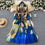 Fongt Elegant Dress Women Fashion Nail Ball Collar Hollow Pressure Folding Lantern Sleeves To Print Long Skirt