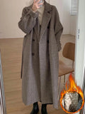 Thicken Long Wool Blend Coats Women Casual Loose Houndstooth Plaid Jackets New Warm Cotton Padded Woolen Korean