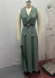 Fongt Summer Women's Solid Color Lapel Tie Waist Sleeveless Temperament Dress-Outfit