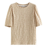 O-Neck Short Slevee Women T-Shirts Solid 2022 Summer New Art Women Tops Texture Sense French Bubble Half Sleeve