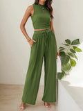 Fongt Summer Knitting Casual Suit Sleeveless Round Collar Short Repair Body Broad Leg Pants Two Sets