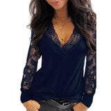 V Neck Lace Trim See Through Long Sleeve