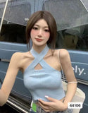Fongt Summer New Small Sexy Black Thin Hanging Neck Cross Knitting Umbilization Sling Bottom Vest