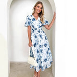 Fongt Spring Summer New Long Women's Bubble Sleeve High-End Print Sexy Style Women's Dress Dress