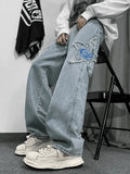 Men's Distressed Star Embroidered Loose Jeans-Outfit