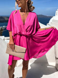 Summer Office Lady V Neck Solid Dress Patchwork Loose Ruffles High Waist Dress Women Casual Short Sleeve Streetwear