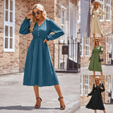 Fongt Autumn And Winter New Women's V Collar Waist Solid Color Long Dress-Outfit