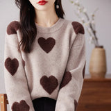 Fongt Dong Lady Long Sleeves Versatile Round Neck Sweater Sweater Jacket Jacket Korean Version Love Jacquard Loose Bottom Shirt-Outfit