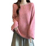 Fongt Good-Looking Pink Sea Hair Knitted Shirt Shoulder Sweater Women 2025 Autumn New Large-Size Fat Mm Medium Long Top