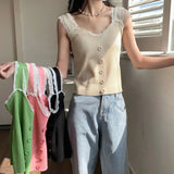 New Ice Silk Knitted Vest Female Korean Version V-Neck High-Waist Short Lace Spliced Solid Color Sling