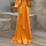 Fongt Summer New Cross Close Waist Fold Long Sleeve Temperament Show Thin Dress-Outfit