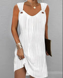 Fongt Spring And Summer Temperament Commuting Simple Pure Color Metal Button V-Neck Sleeveless Dress-Outfit