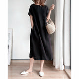Fongt New Leisure Spring And Summer Loose Skirt Short Sleeve Round Neck Solid Cotton Linen Dress