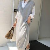 New 2022 V-Neck Knitted Elegant Oversized Sleeveless Korean Solid Lady Autumn Winter Women Dress Long Dresses