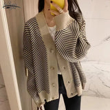 V-neck Button Stripes Sweater Long Sleeve Christmas Cardigan Sweater Knitted Loose Oversize Jumper Tops Jacket Coat