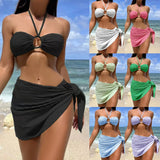 Sexy Bikini Swimsuit Three-Piece Yarn Dress Hanging Neck Solid Swimsuit Female