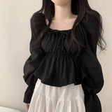 Solid Color Elastic Square Collar Puff Sleeve Blouse-Outfit