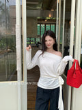 Fongt Xixi 2025 Autumn New White Standard Temperament Slant Shoulder Solid Color Knit Shirt Long-Sleeved Top Sweater 89538