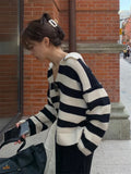 New 2022 Chic Polo Collar Knitted Striped Spring Autumn Women Sweater Korean Fashion Vintage Elegant Lady Tops