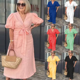 Fongt Women's Clothing 2025 Spring And Summer 2025 New V Tie With Foam Sleeve Cotton Dress