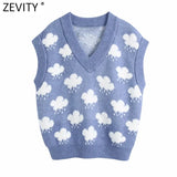 Women Fashion V Neck Cloud Pattern Knitting Sweater Female Sleeveless Casual Slim Vest Chic Leisure Pullovers Tops