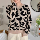 New 2021 Women Autumn Winter Sweaters Knitted Elegant Leopard Warm Fashionable Oversized Vintage Lady Tops
