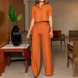 Fongt Lapel Contracted Foreign Style Short Jacket With Straight Tube Wide Leg Trousers Commute Two Sets-Outfit