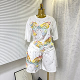 Fongt Set European Dress Design Butterfly Set Drill Short Sleeve T-Shirt Blouse Woman + Tight Waist Broad Leg Shorts Two Sets