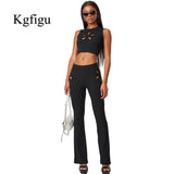 Fashion Design Two Piece Sets Women 2021 New Arrival Hollow Pattern Cropped Top And Overalls Elegant Black Pants