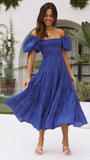 Fongt Summer New Bubble Sleeve Holiday Show Skinny Dress Babes High-Waisted Shoulder-Print Dress Dress Woman