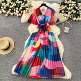 Fongt Summer Dress New Female High-End Feel Strapped Belt V Collar Horn Sleeves Thin Temperament Print Chiffon Dress