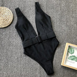 Solid Red One Piece Swimsuit Women Push Up Lace Up Bandage Bodysuit Brazilian Deep V Neck Backless Bathing Suit