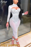 Beautiful Mock Neck Crystal Midi Dress Womens Sparkle Black Mesh Rhinestone Party Dress Birthday Outfits Sexy