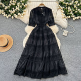 Fongt Retro Court Dress Women's Waist Thin Temperament Bubble Sleeve Lace Splicing Big Swing Dress Dress