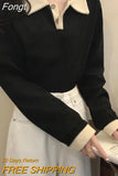 Sweatshirts Patchwork Women Preppy Style Basic T-Shirts Long Sleeve Turn-Down Collar Harajuku Fashion Casual