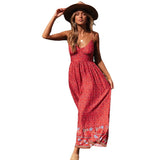 Fongt Summer New Large Swing Skirt Women's Bohemian V Tie Sling Broken Floral Dress