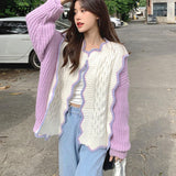 Women Autumn Simple Fashion New Patchwork Sweet Clothes Design Knitted Coat Streetwear Elegant Ins Kpop Ulzzang