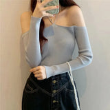 Girls Hanging Cross Hanfeng Ins Heart Temperament Words Collared Shoulder-To-Shoulder Knitting Thin Blouse White