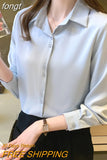 Women's Silk Shirts V-neck Solid Laides Tops Womens 2023 Spring Fashion Satin Long Sleeve Blouses Button Up White OL Vintage
