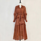Fongt Temperament Dress 2025 New V-Neck Lantern Sleeves Folded Long Silk Dress Dress